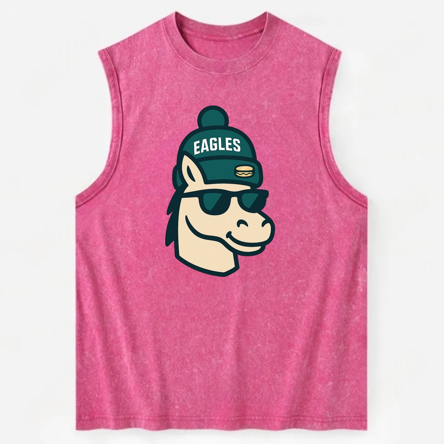 Philadelphia Horse wearing Eagles beanie with cheesesteak patch and wayfarer - Vintage Washed Tank - Pink