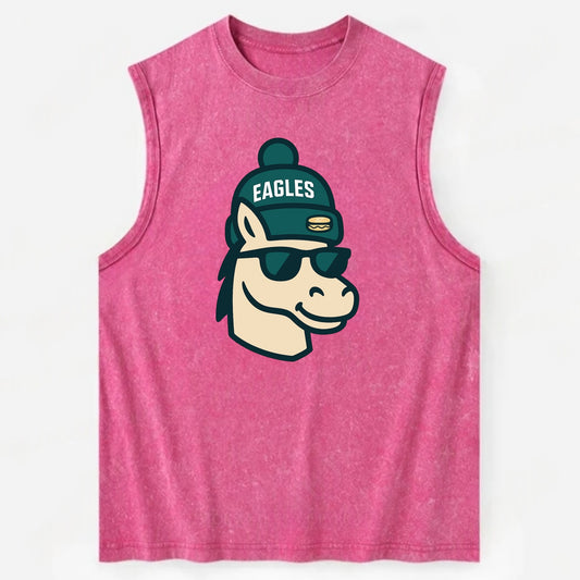 Philadelphia Horse wearing Eagles beanie with cheesesteak patch and wayfarer - Vintage Washed Tank - Pink