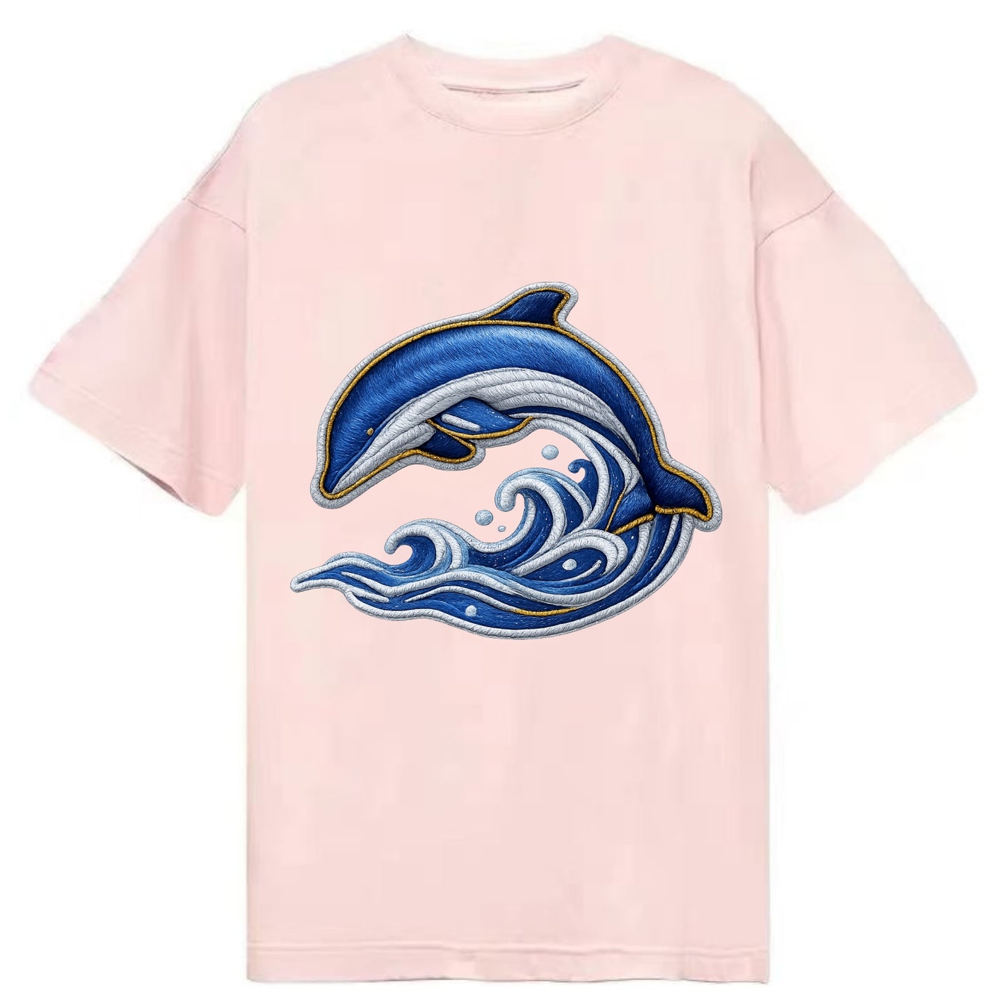 Embroidered patch design - SWIMMING DOLPHIN - diving dolphin with waves in blue - Classic T-shirt - Pink