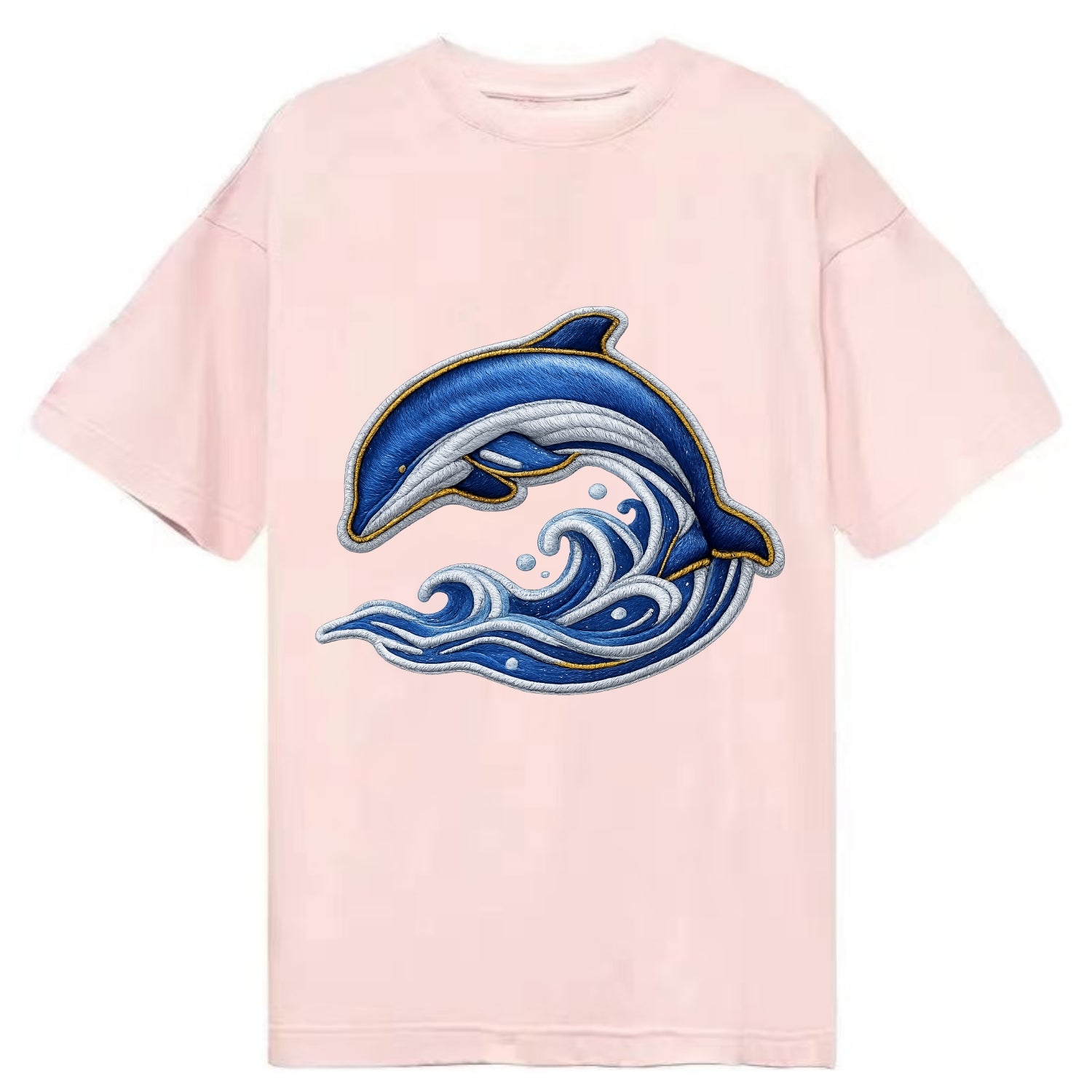 Embroidered patch design - SWIMMING DOLPHIN - diving dolphin with waves in blue - Classic T-shirt - Pink