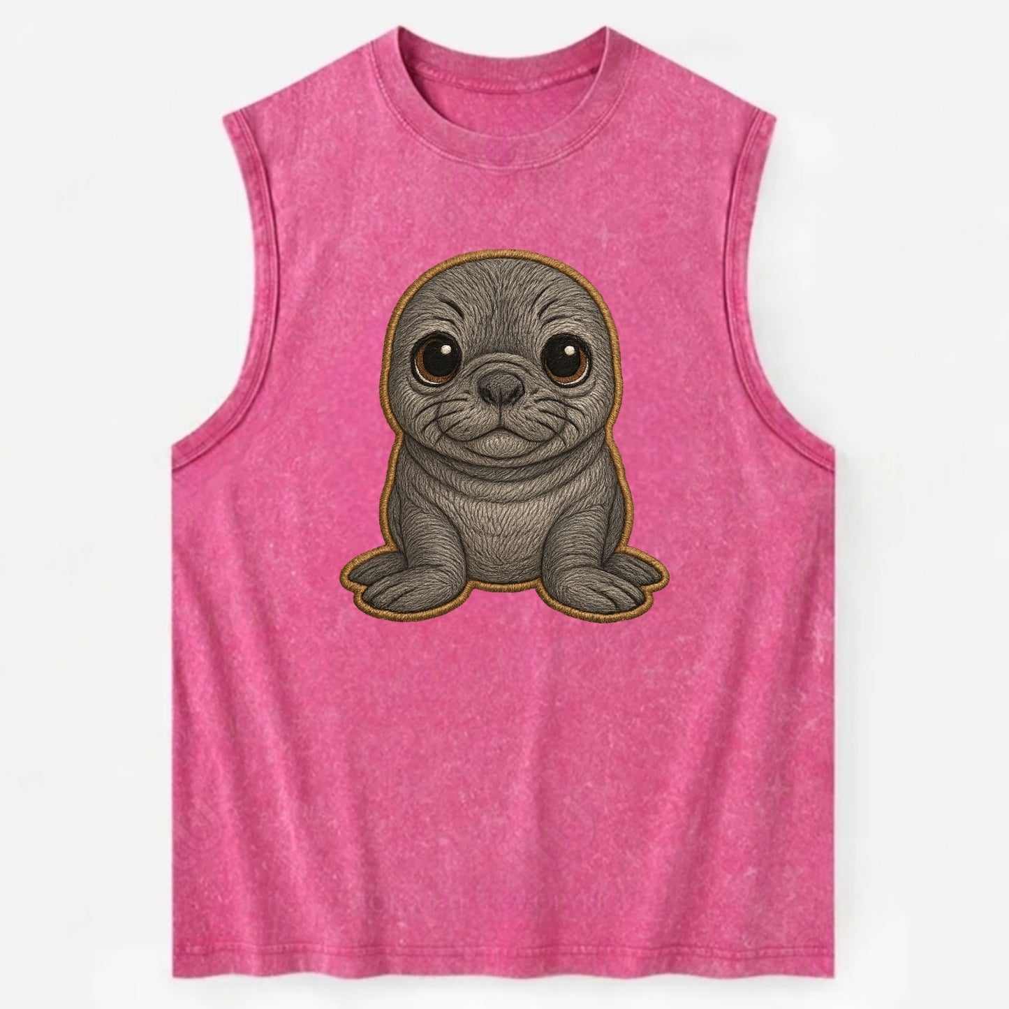 Baby Elephant Seal - gray wrinkly, tiny trunk nose, big dark eyes, - Vintage Washed Tank - Pink