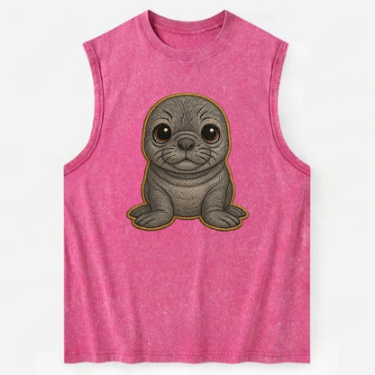 Baby Elephant Seal - gray wrinkly, tiny trunk nose, big dark eyes, - Vintage Washed Tank - Pink