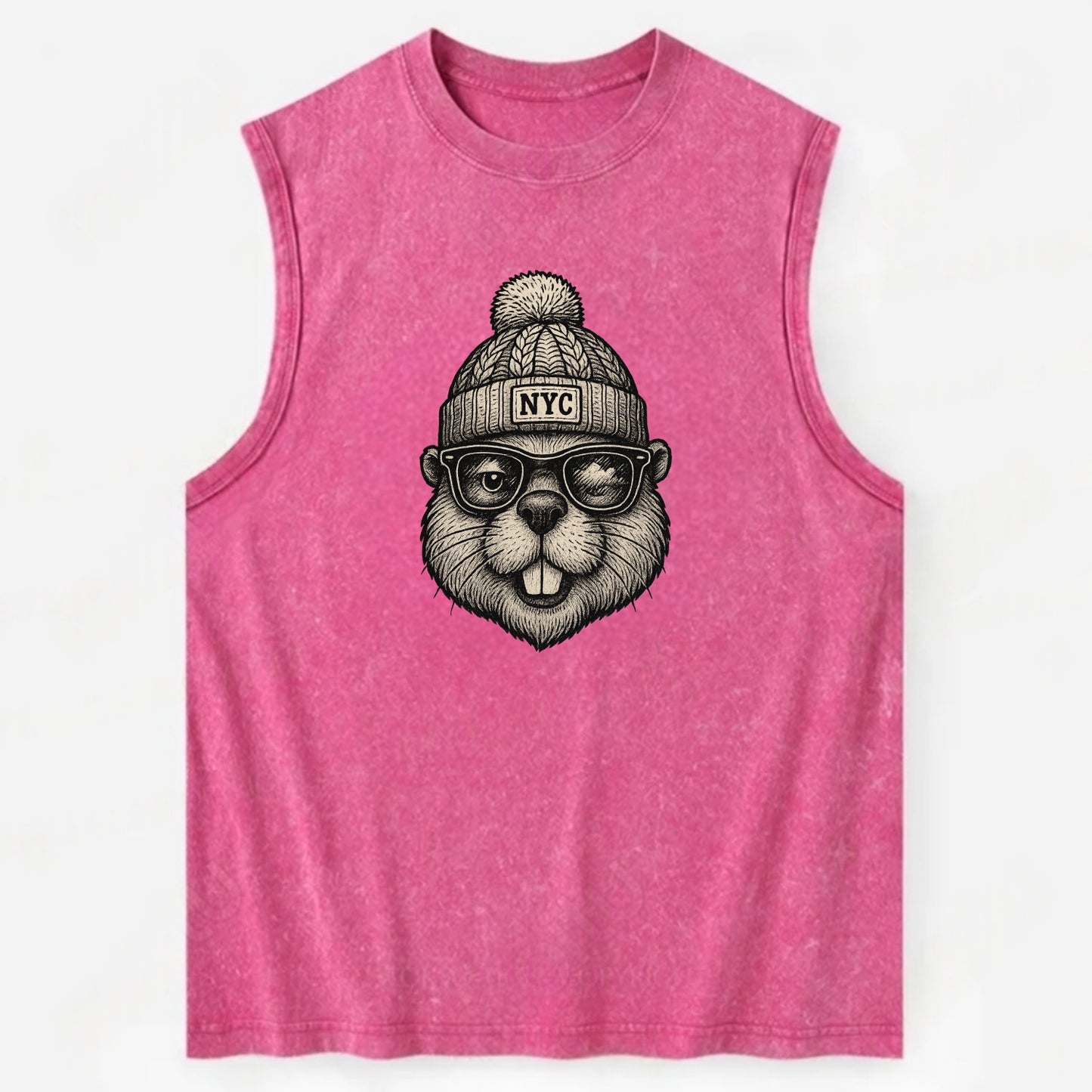 New York Beaver wearing NYC beanie with pom pom and wayfarer sunglasses - Vintage Washed Tank - Pink