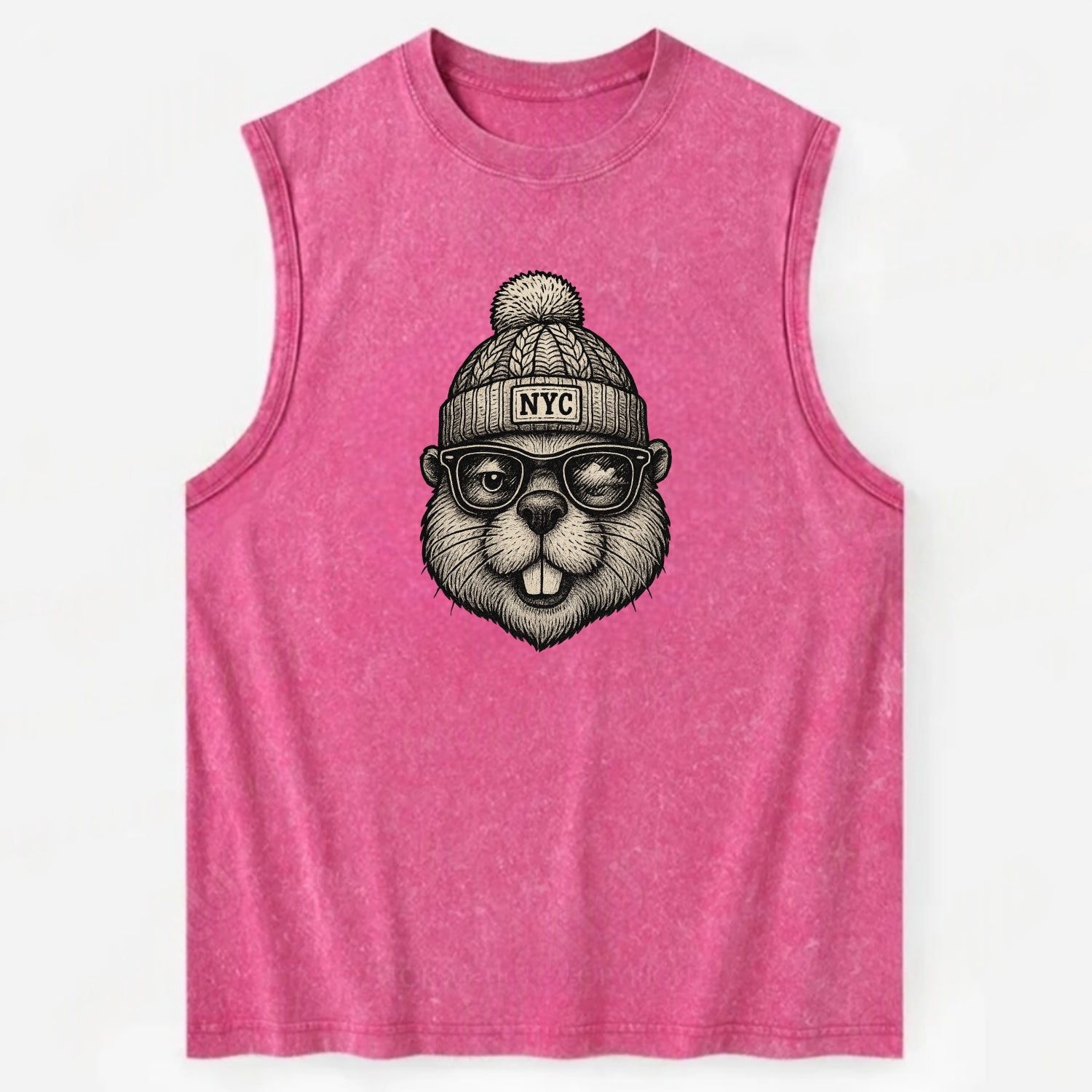 New York Beaver wearing NYC beanie with pom pom and wayfarer sunglasses - Vintage Washed Tank - Pink