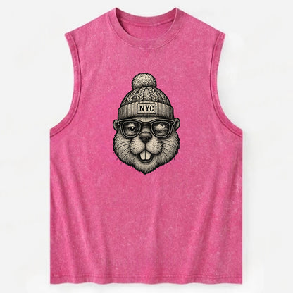 New York Beaver wearing NYC beanie with pom pom and wayfarer sunglasses - Vintage Washed Tank - Pink