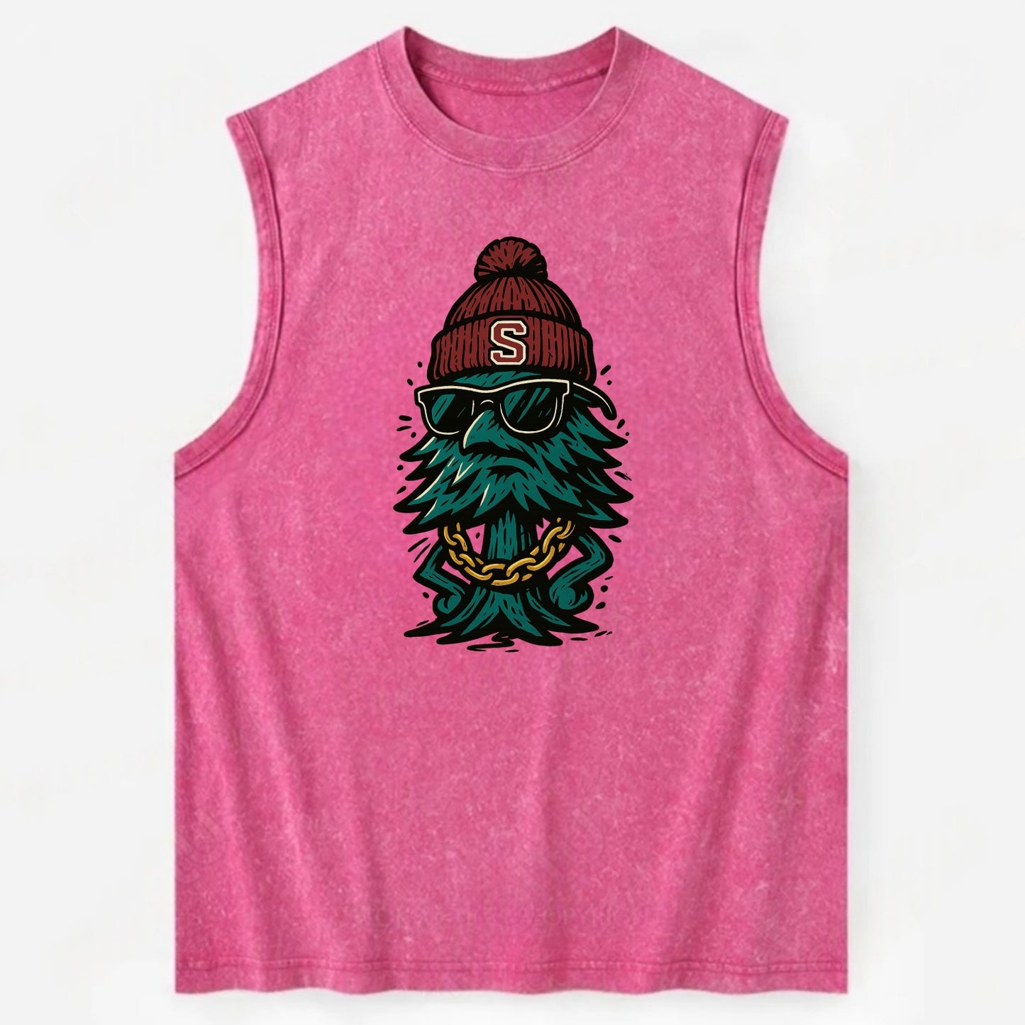 Palo Alto Tree wearing Stanford beanie with S patch - Vintage Washed Tank - Pink