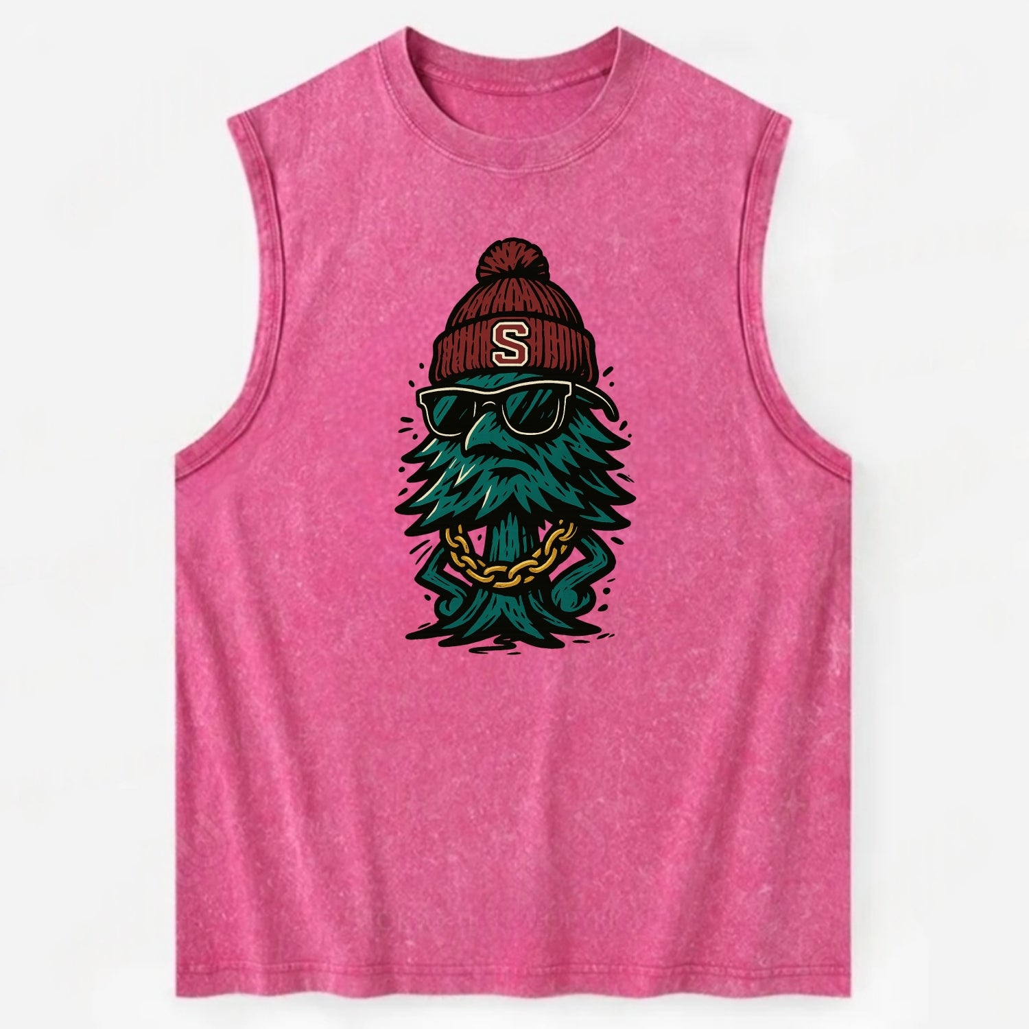 Palo Alto Tree wearing Stanford beanie with S patch - Vintage Washed Tank - Pink