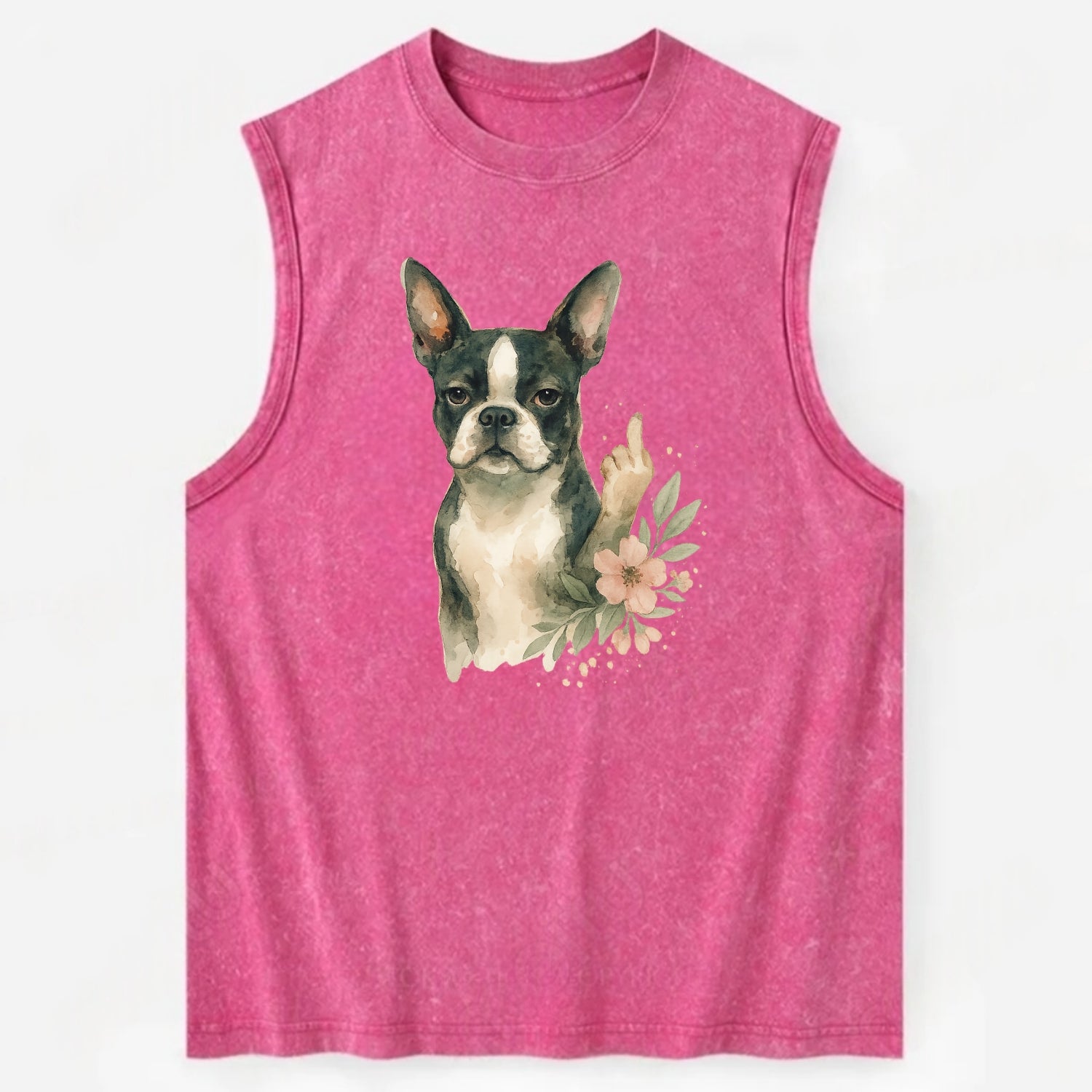 Boston Terrier with tuxedo markings, perky ears, paw up giving sass - Vintage Washed Tank - Pink