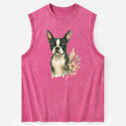 Boston Terrier with tuxedo markings, perky ears, paw up giving sass - Vintage Washed Tank - Pink