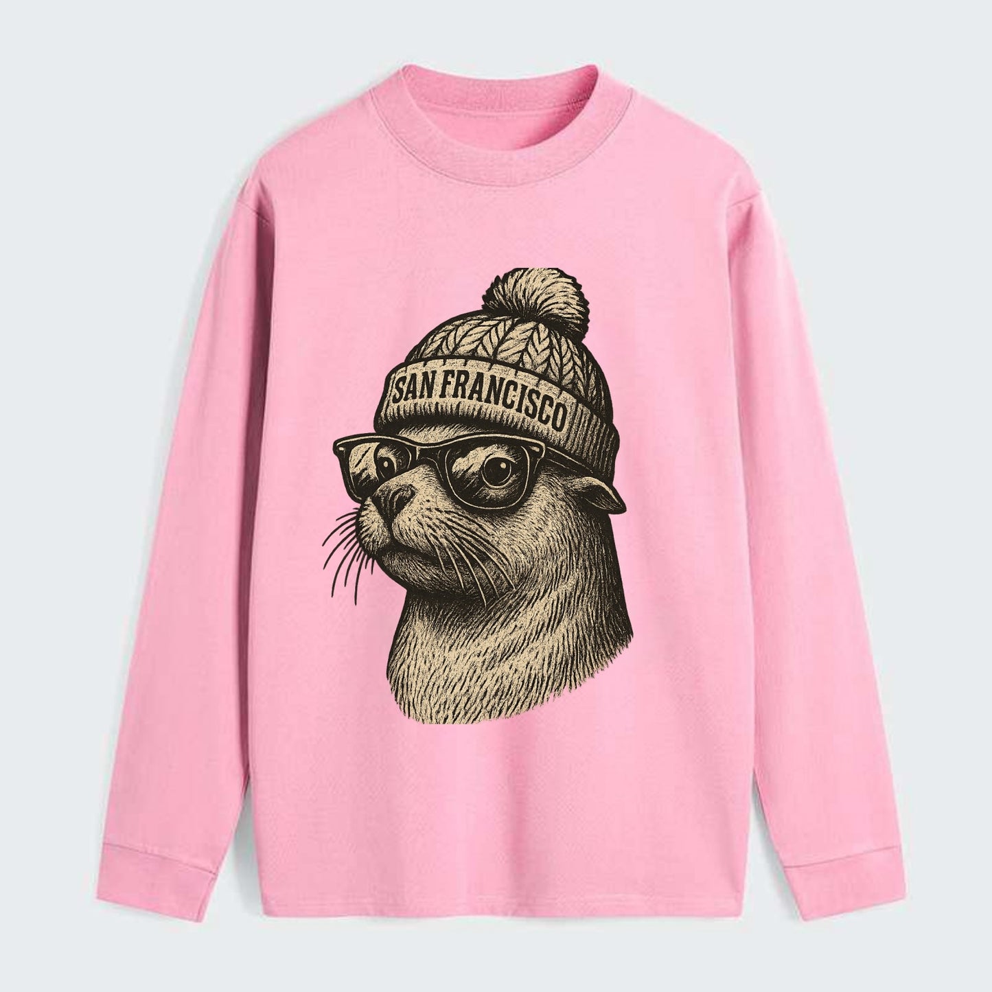 San Francisco Sea Lion wearing San Francisco beanie with pom pom and - Classic Long Sleeve Shirt - Pink