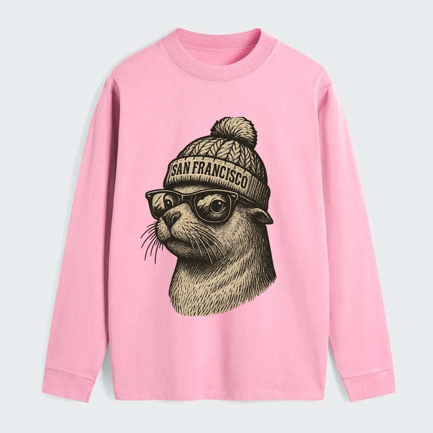 San Francisco Sea Lion wearing San Francisco beanie with pom pom and - Classic Long Sleeve Shirt - Pink