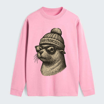 San Francisco Sea Lion wearing San Francisco beanie with pom pom and - Classic Long Sleeve Shirt - Pink