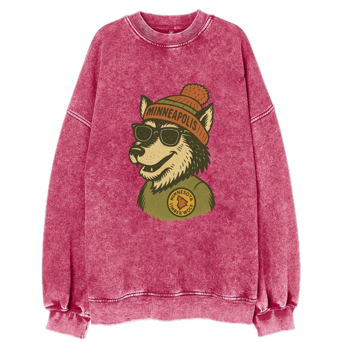 Minnesota Timber Wolf wearing Minneapolis beanie with pom pom and wayfarer - Vintage Sweatshirt - Pink