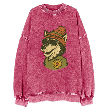 Minnesota Timber Wolf wearing Minneapolis beanie with pom pom and wayfarer - Vintage Sweatshirt - Pink