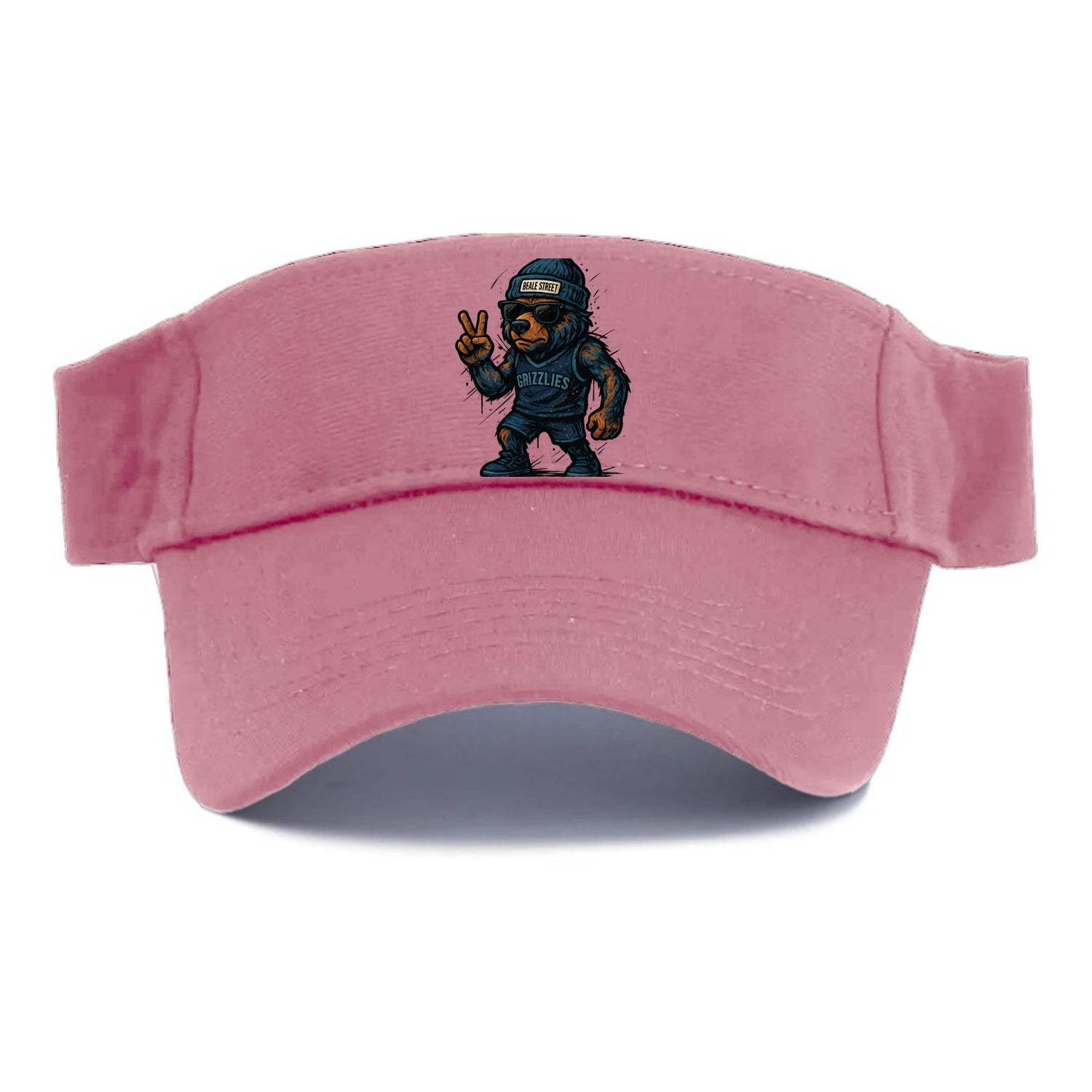 Memphis Grizzly Bear wearing Grizzlies navy and light blue beanie with Beale Street patch - Visor - Pink