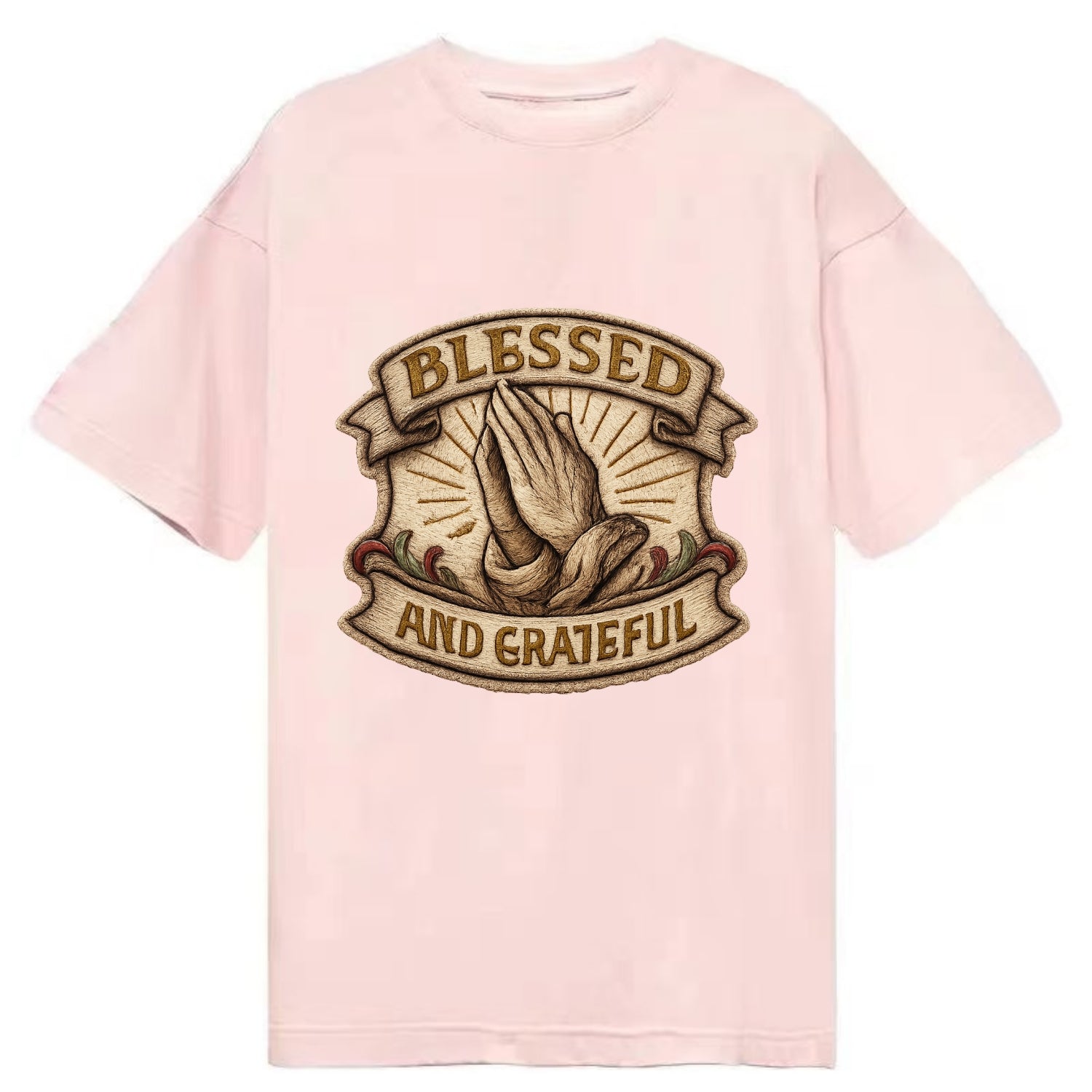 BLESSED AND GRATEFUL - praying hands with text in gold , thankful - Classic T-shirt - Pink