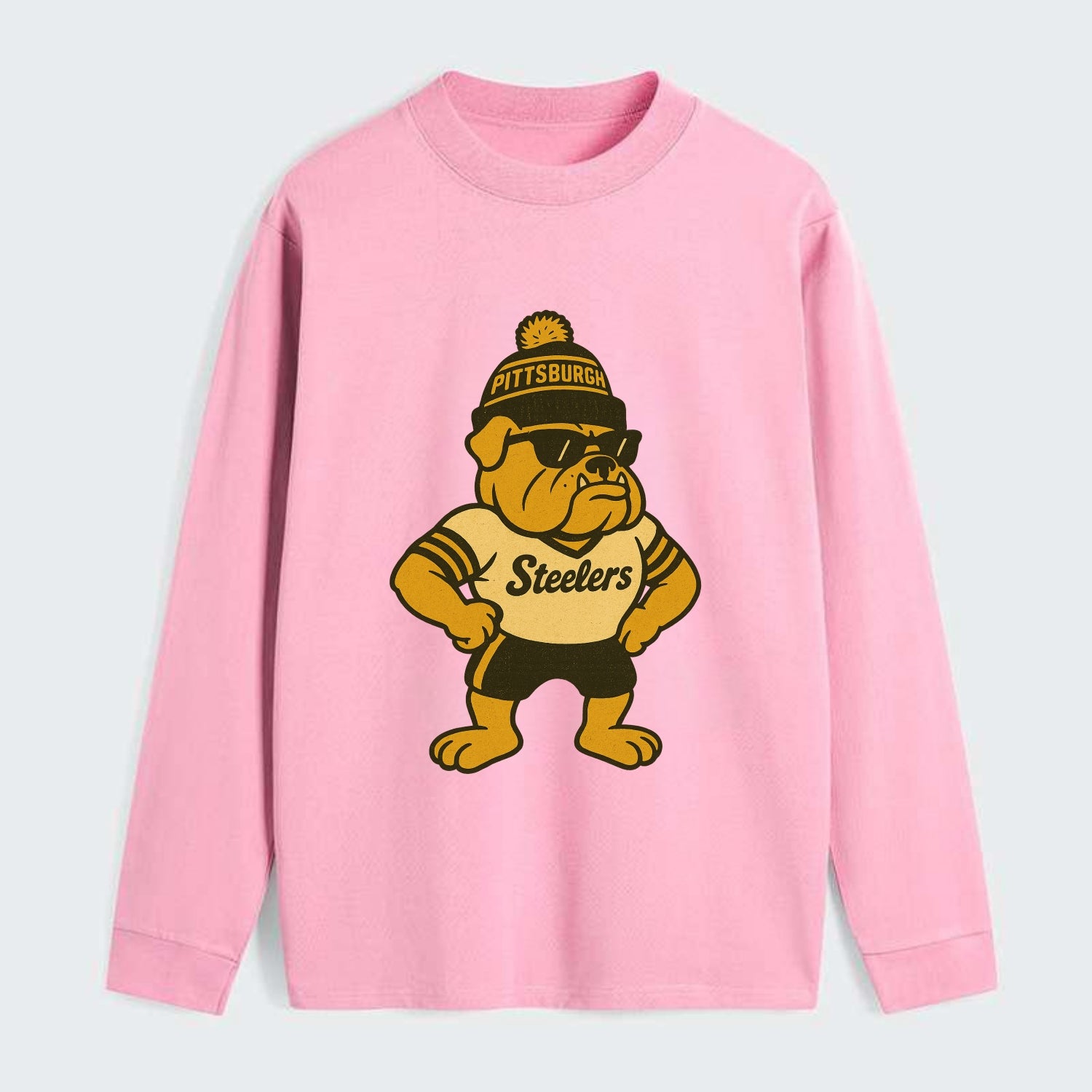 Pittsburgh Bulldog wearing Steelers black and gold beanie with pom pom - Classic Long Sleeve Shirt - Pink