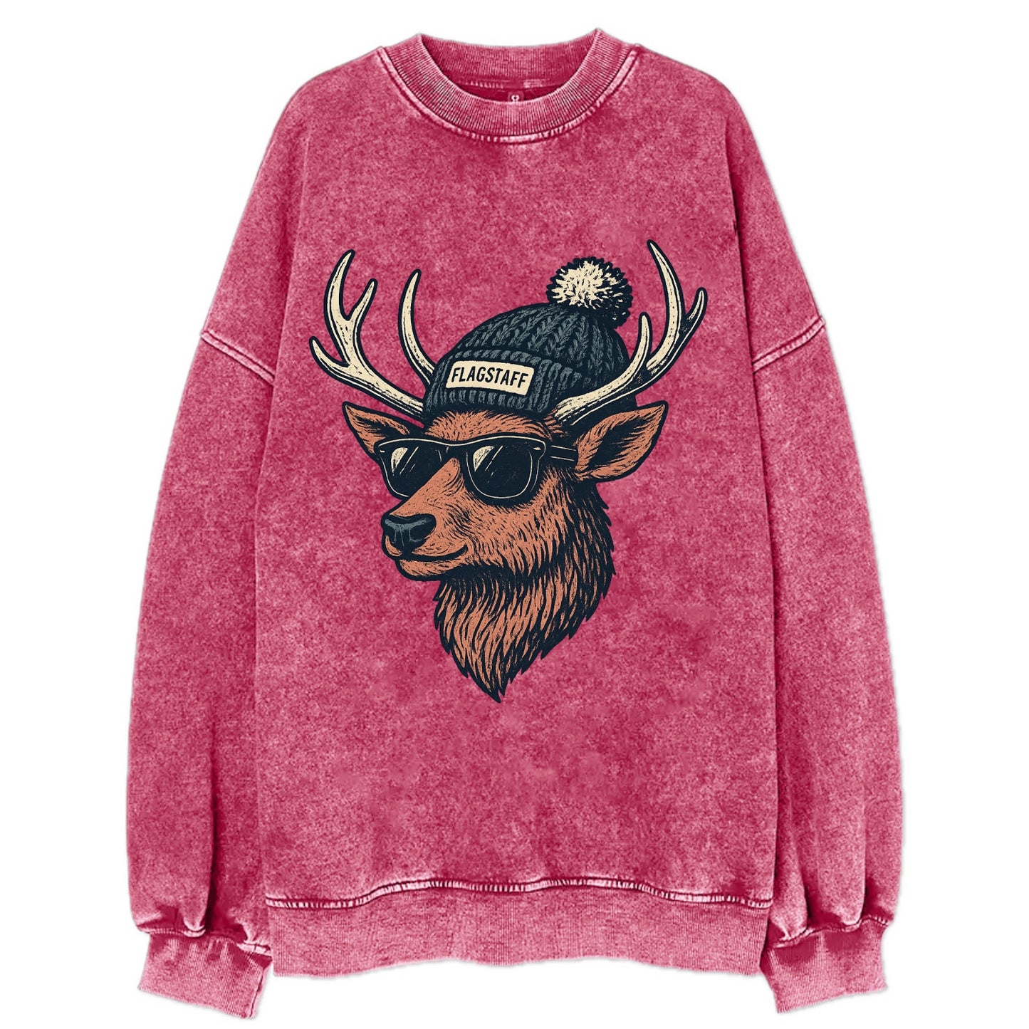 Flagstaff Elk wearing Flagstaff beanie with pom pom and wayfarer sunglasses - Vintage Sweatshirt - Pink