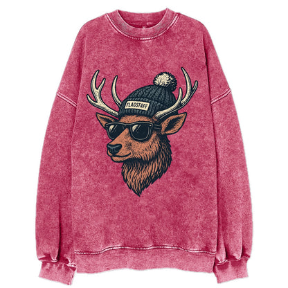 Flagstaff Elk wearing Flagstaff beanie with pom pom and wayfarer sunglasses - Vintage Sweatshirt - Pink