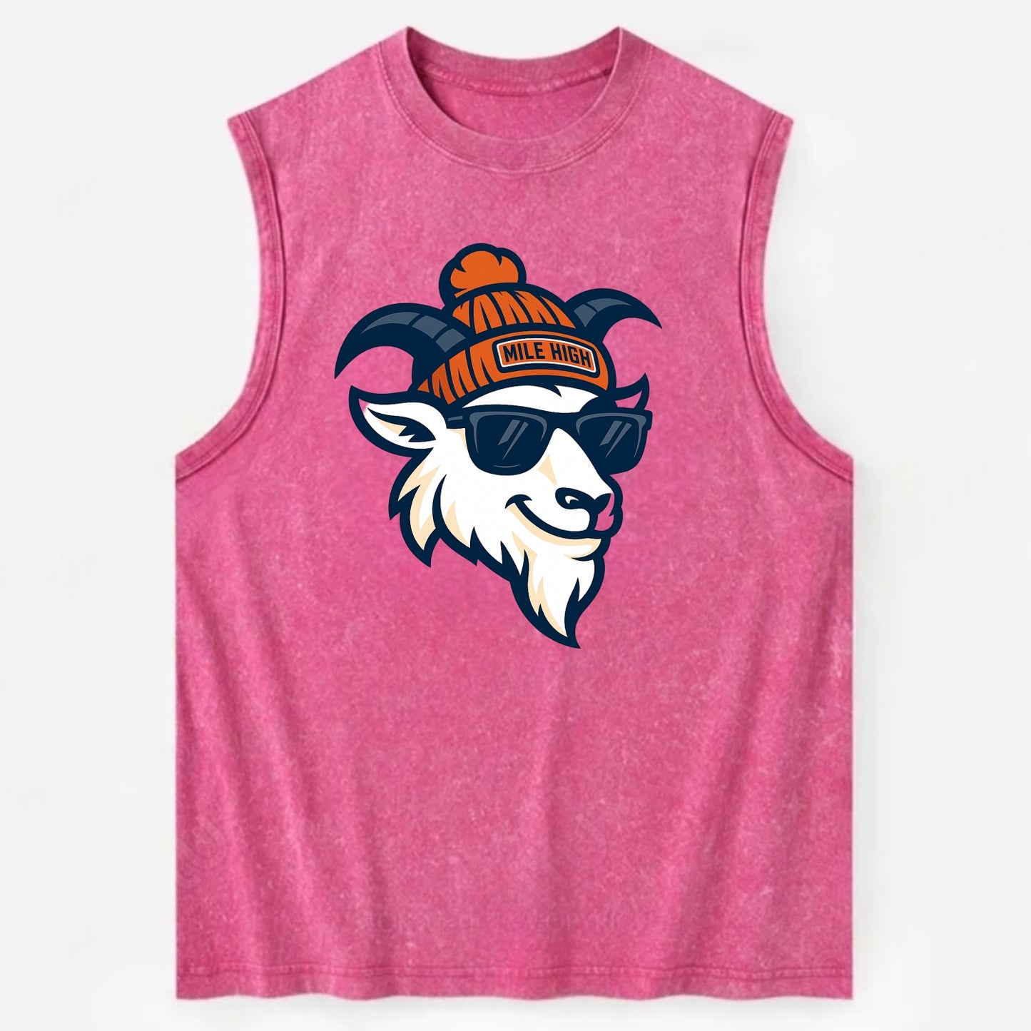 Denver Mountain Goat wearing Broncos beanie with Mile High patch and wayfarer - Vintage Washed Tank - Pink