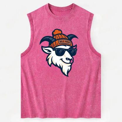 Denver Mountain Goat wearing Broncos beanie with Mile High patch and wayfarer - Vintage Washed Tank - Pink