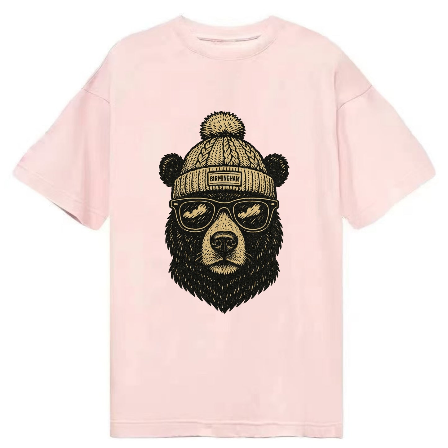 Alabama Black Bear wearing Birmingham beanie with pom pom and wayfarer sunglasses - Classic T-shirt - Pink