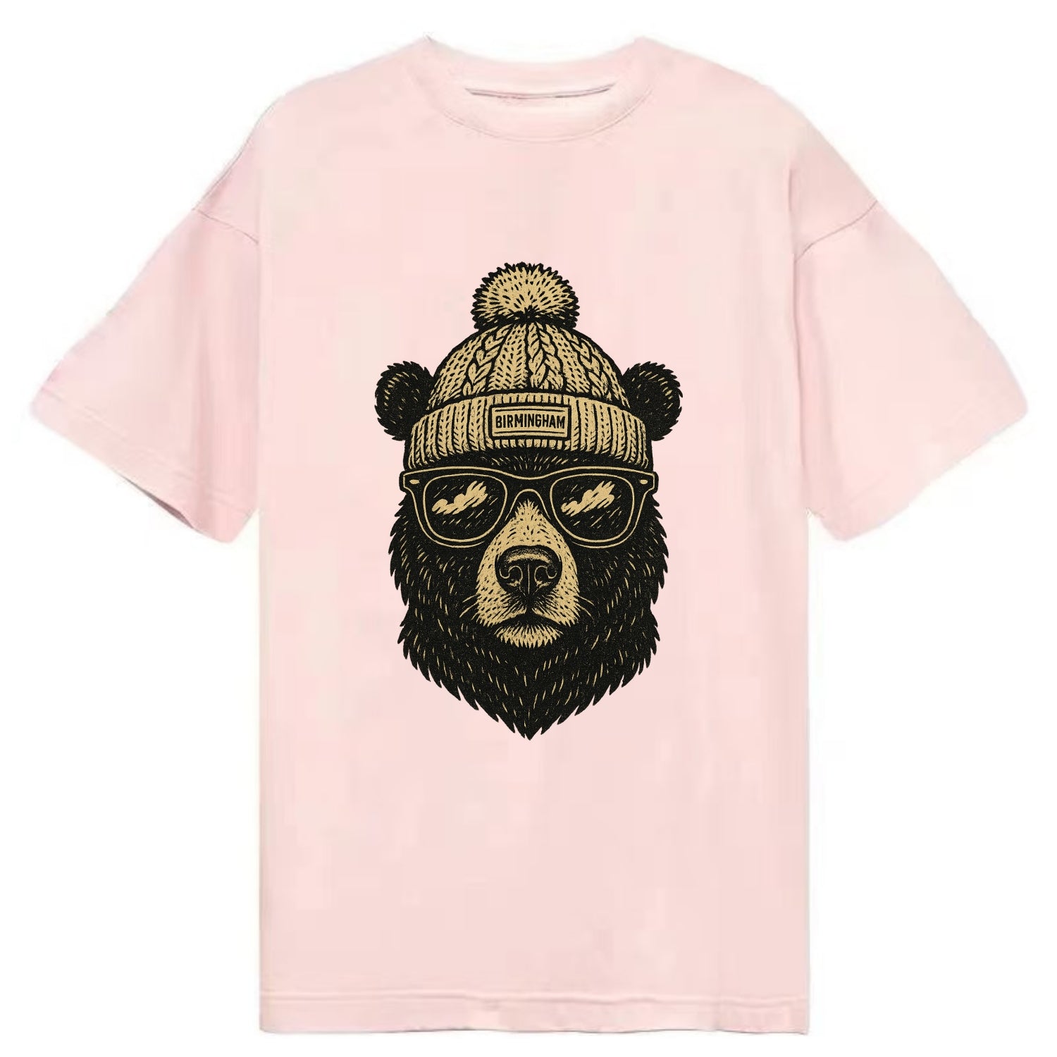 Alabama Black Bear wearing Birmingham beanie with pom pom and wayfarer sunglasses - Classic T-shirt - Pink