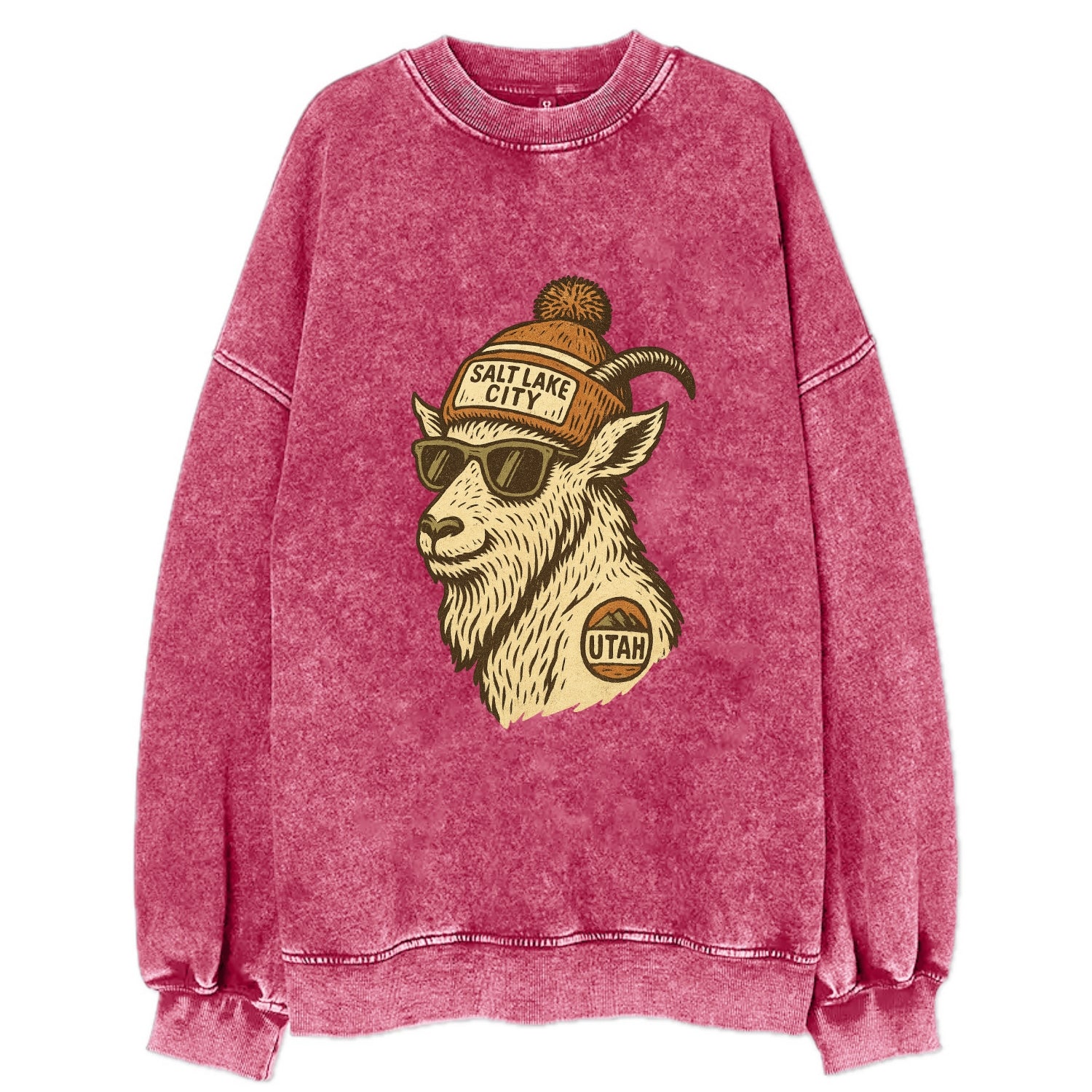 Utah Mountain Goat wearing Salt Lake City beanie with pom pom and wayfarer - Vintage Sweatshirt - Pink