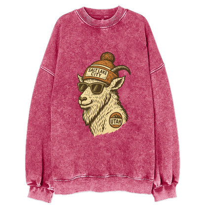 Utah Mountain Goat wearing Salt Lake City beanie with pom pom and wayfarer - Vintage Sweatshirt - Pink