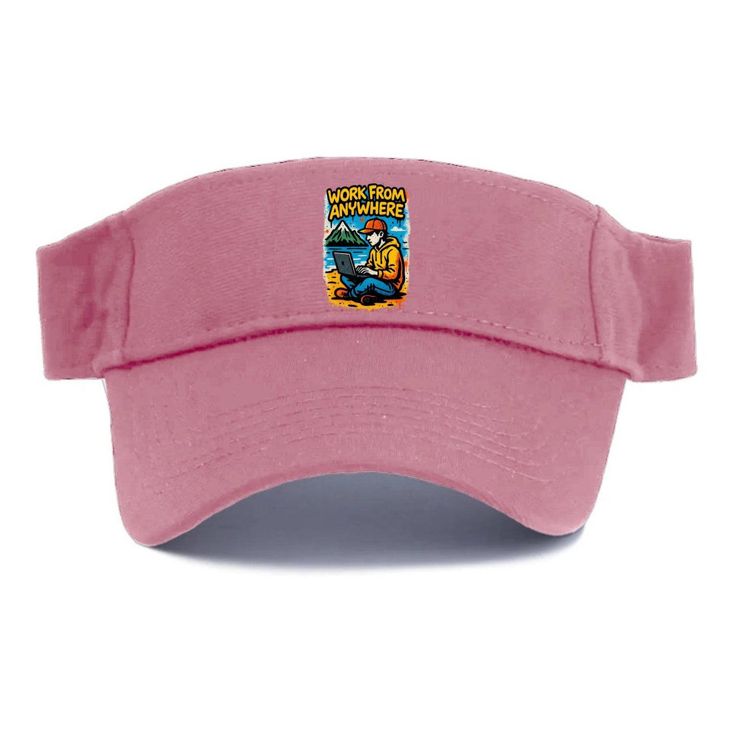 Digital nomad with laptop on beach/mountain - work from anywhere lifestyle, location freedom - Visor - Pink