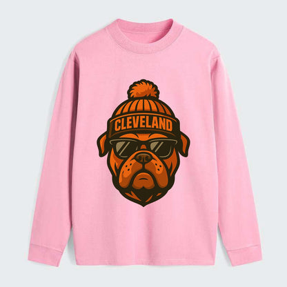 Cleveland Bulldog wearing Browns orange and brown beanie with pom pom - Classic Long Sleeve Shirt - Pink
