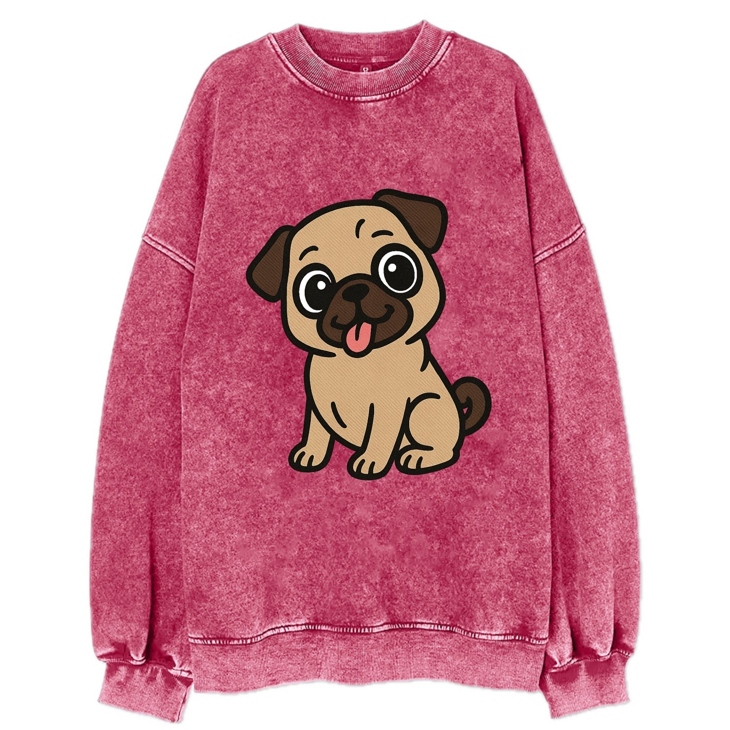 Pug - Tilted head with tongue out - Vintage Sweatshirt - Pink