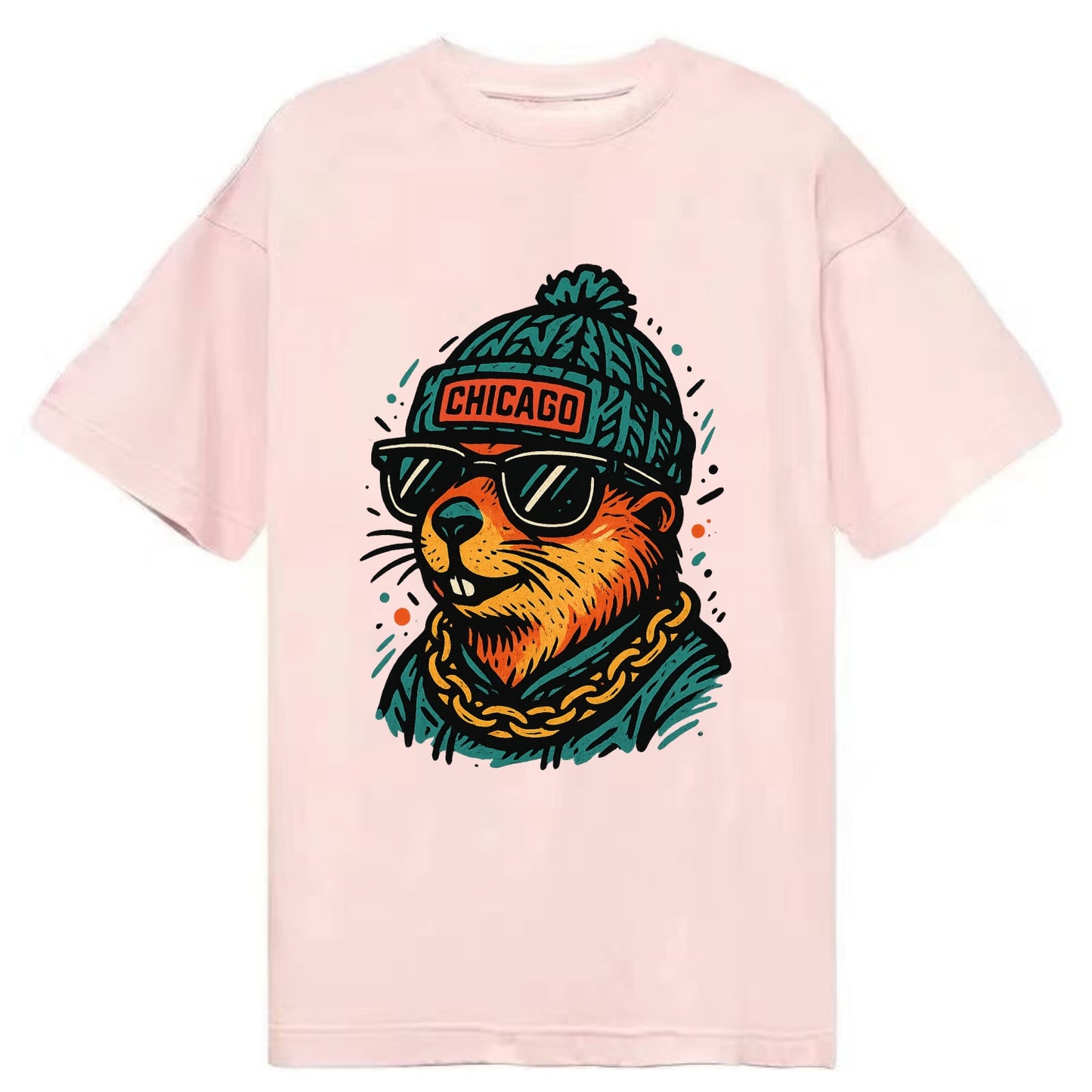 Illinois Prairie Dog wearing Chicago beanie with pom pom and wayfarer sunglasses - Classic T-shirt - Pink