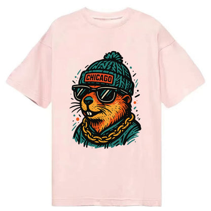 Illinois Prairie Dog wearing Chicago beanie with pom pom and wayfarer sunglasses - Classic T-shirt - Pink