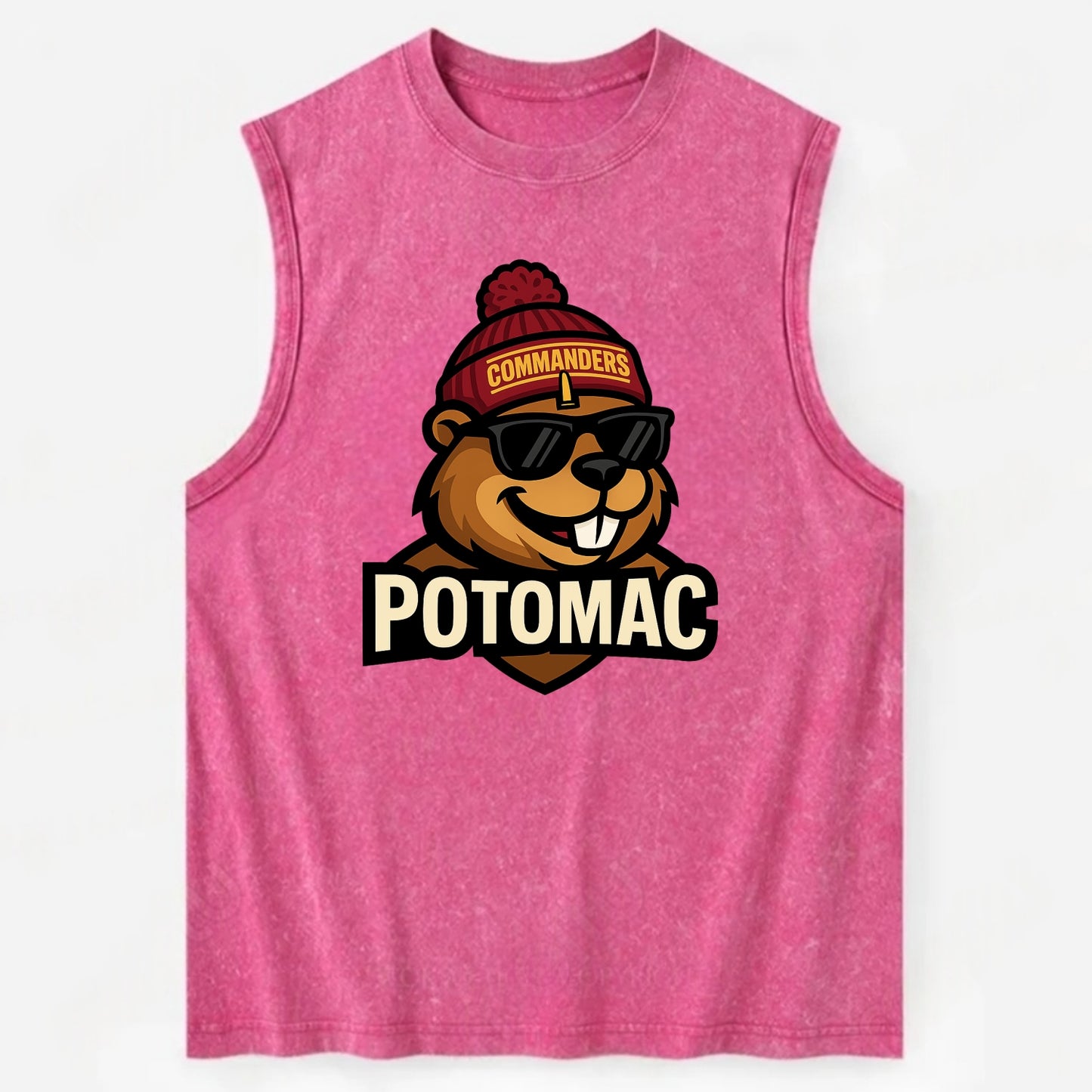 Potomac Beaver wearing Commanders beanie with monument patch and wayfarer - Vintage Washed Tank - Pink