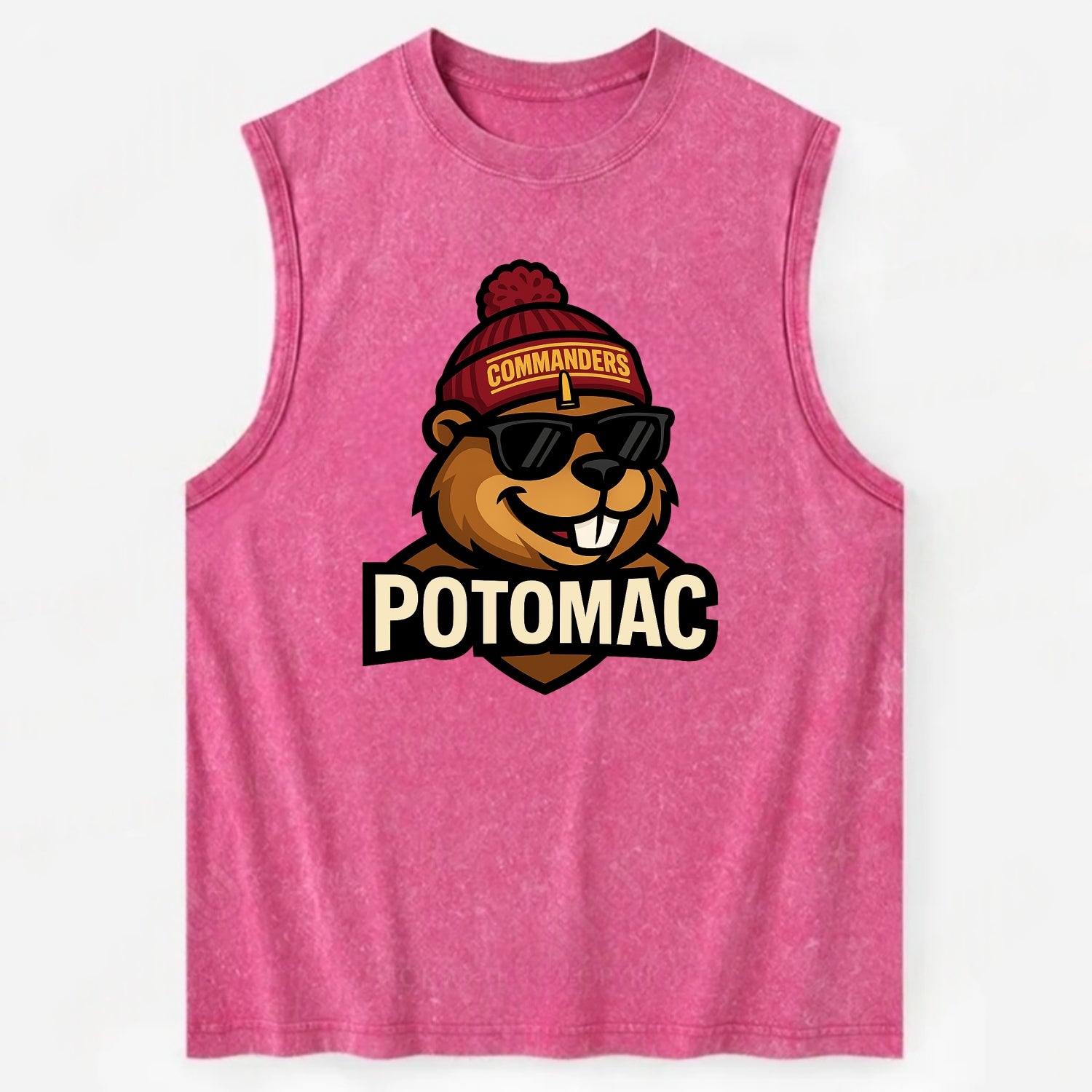Potomac Beaver wearing Commanders beanie with monument patch and wayfarer - Vintage Washed Tank - Pink