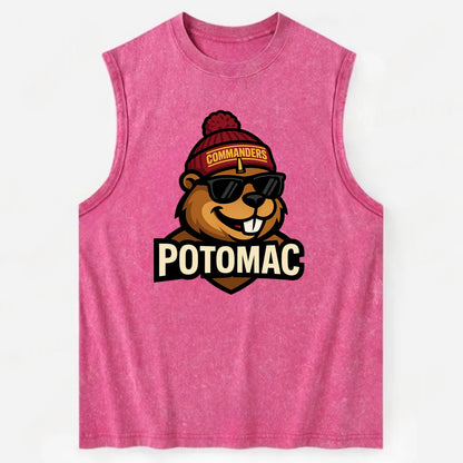 Potomac Beaver wearing Commanders beanie with monument patch and wayfarer - Vintage Washed Tank - Pink