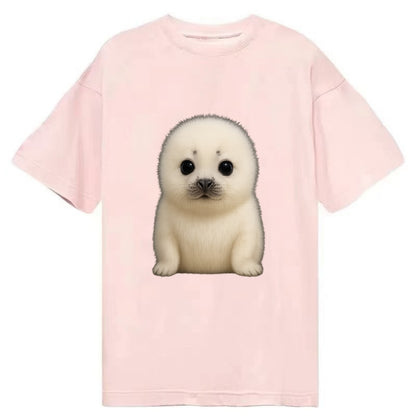 Baby Harp Seal - pure white fluffy fur, enormous dark eyes, front-facing, iconic - Classic T-shirt - Pink