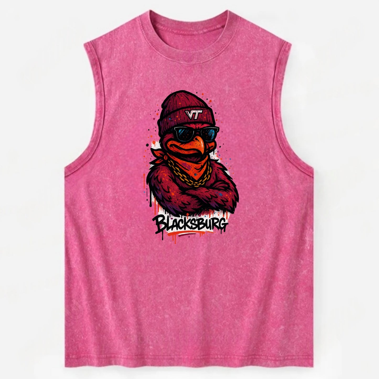 Blacksburg HokieBird wearing Virginia Tech beanie with VT patch - Vintage Washed Tank - Pink