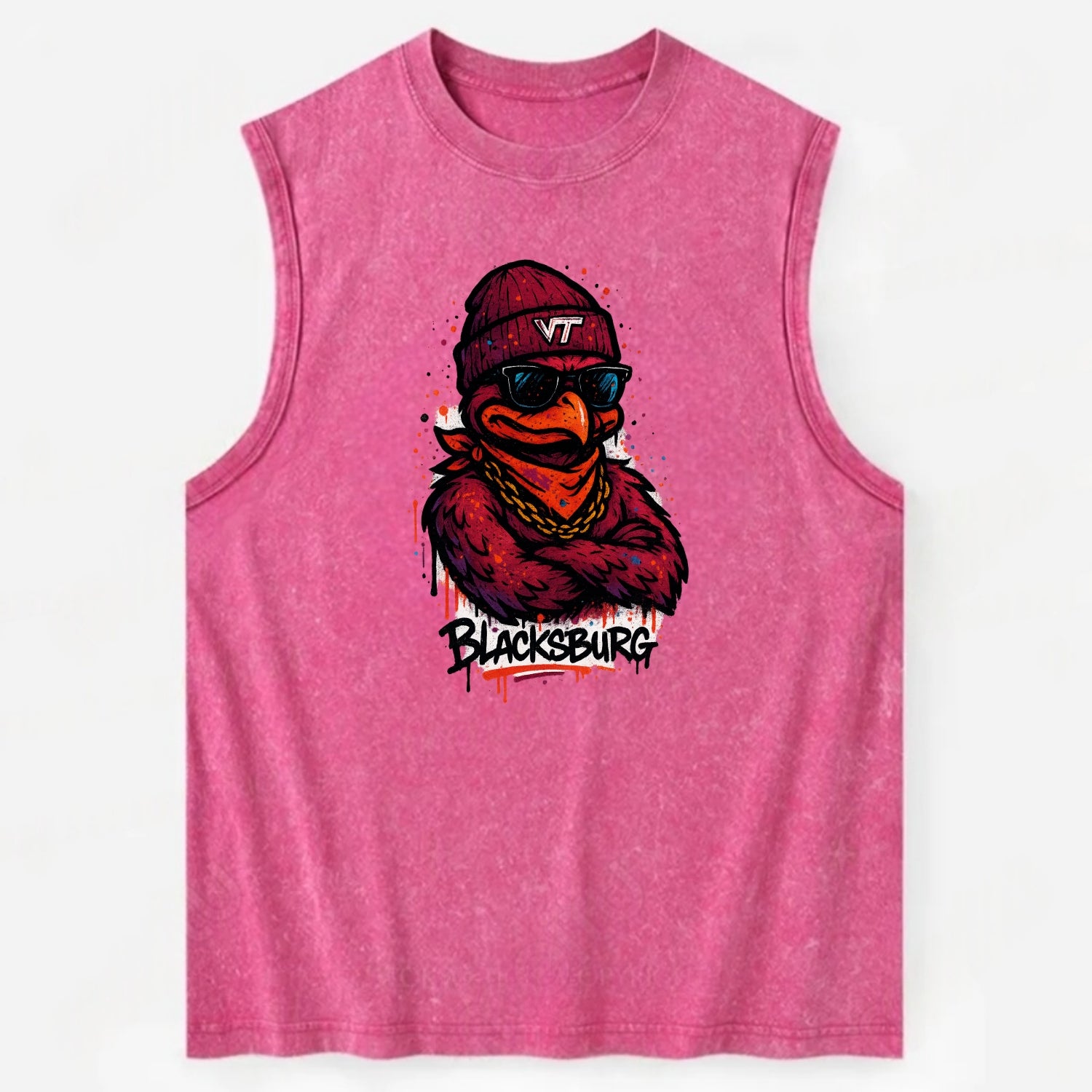 Blacksburg HokieBird wearing Virginia Tech beanie with VT patch - Vintage Washed Tank - Pink
