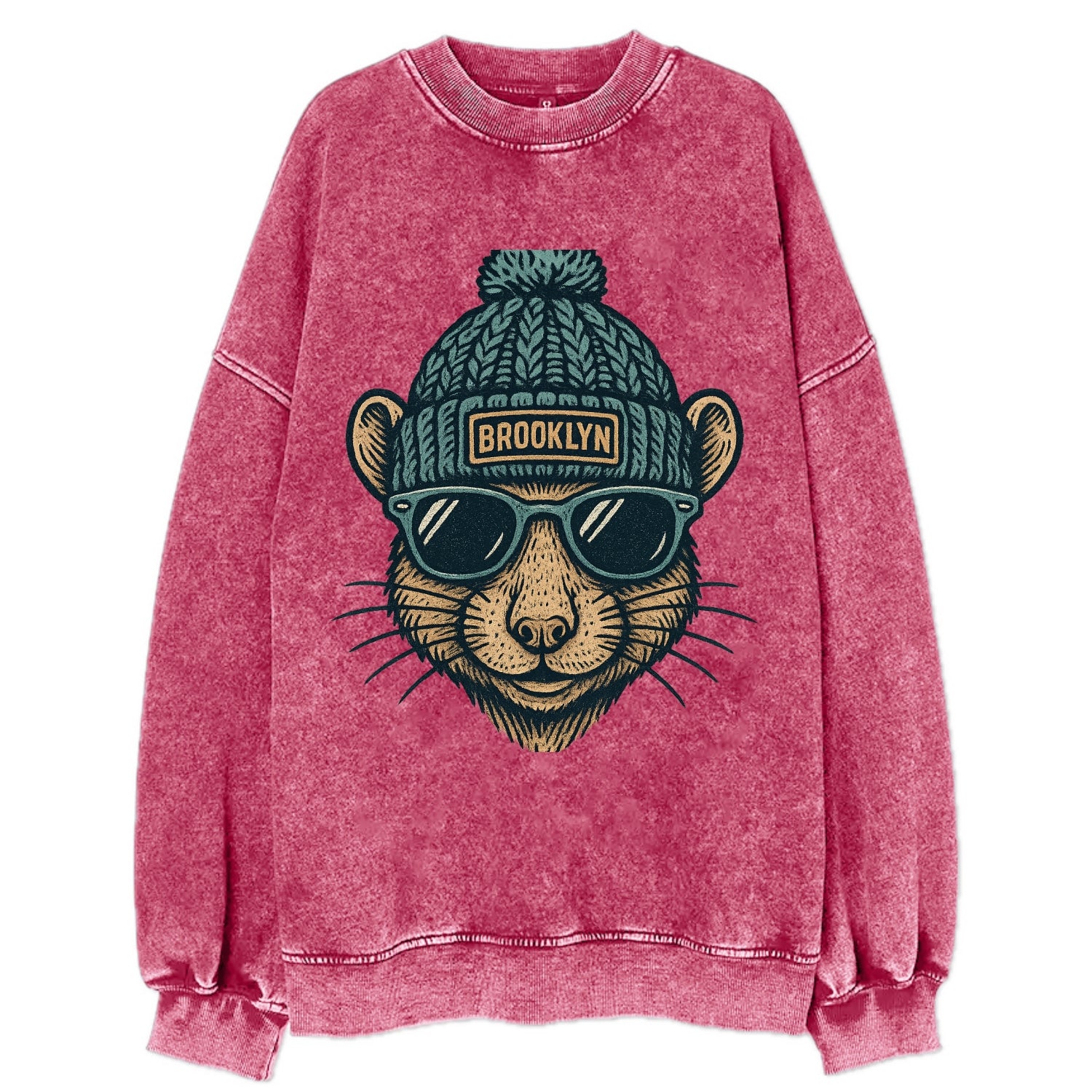 NYC Rat wearing Brooklyn beanie with pom pom and wayfarer sunglasses - Vintage Sweatshirt - Pink