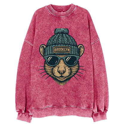 NYC Rat wearing Brooklyn beanie with pom pom and wayfarer sunglasses - Vintage Sweatshirt - Pink