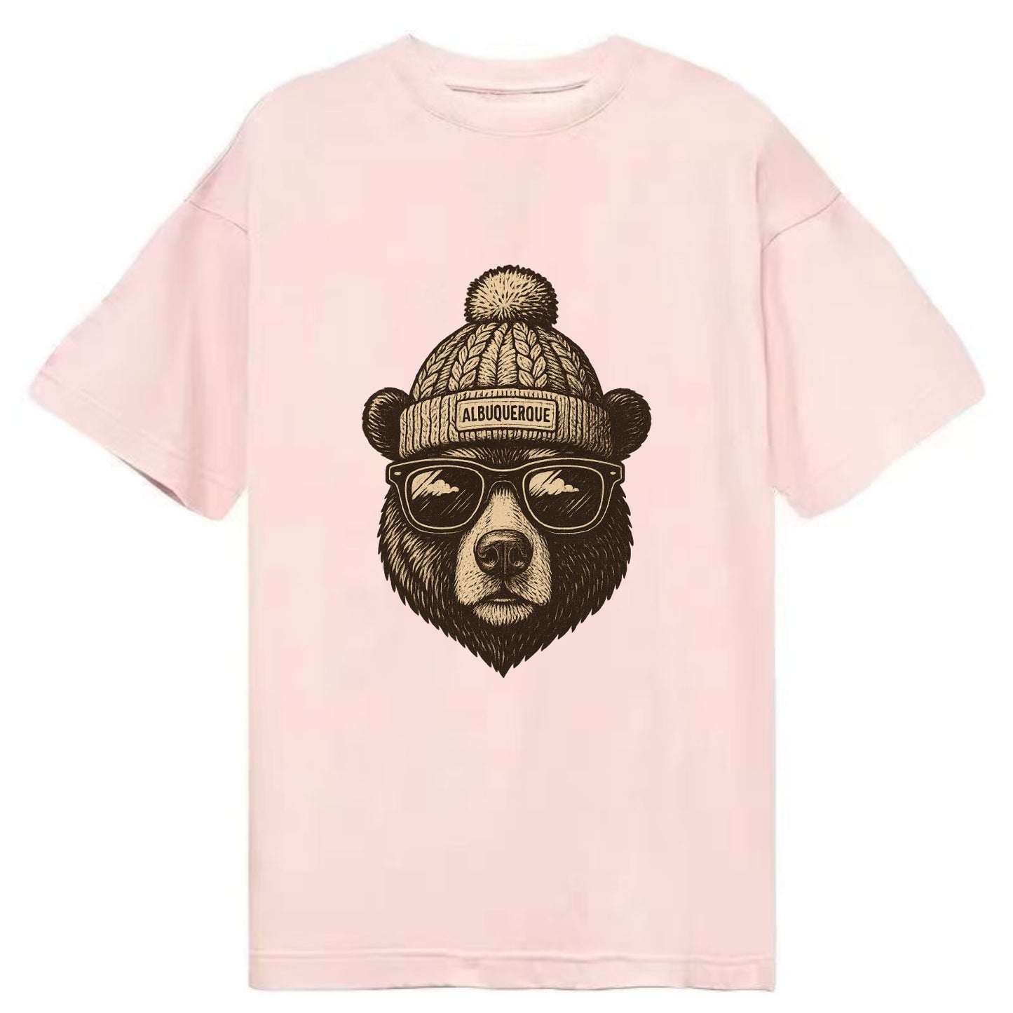 New Mexico Black Bear wearing Albuquerque beanie with pom pom and wayfarer - Classic T-shirt - Pink