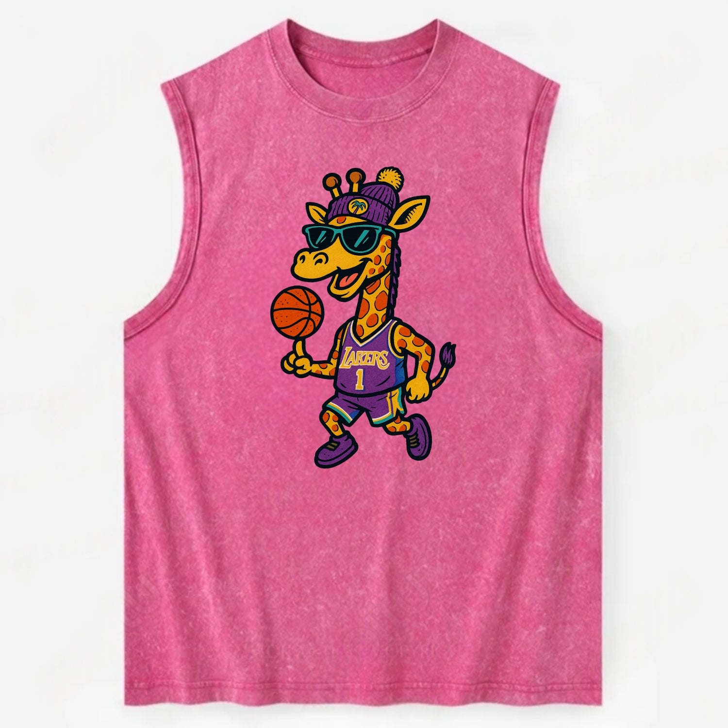 California Giraffe wearing Lakers beanie with palm tree patch and wayfarer - Vintage Washed Tank - Pink