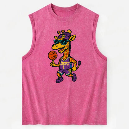 California Giraffe wearing Lakers beanie with palm tree patch and wayfarer - Vintage Washed Tank - Pink