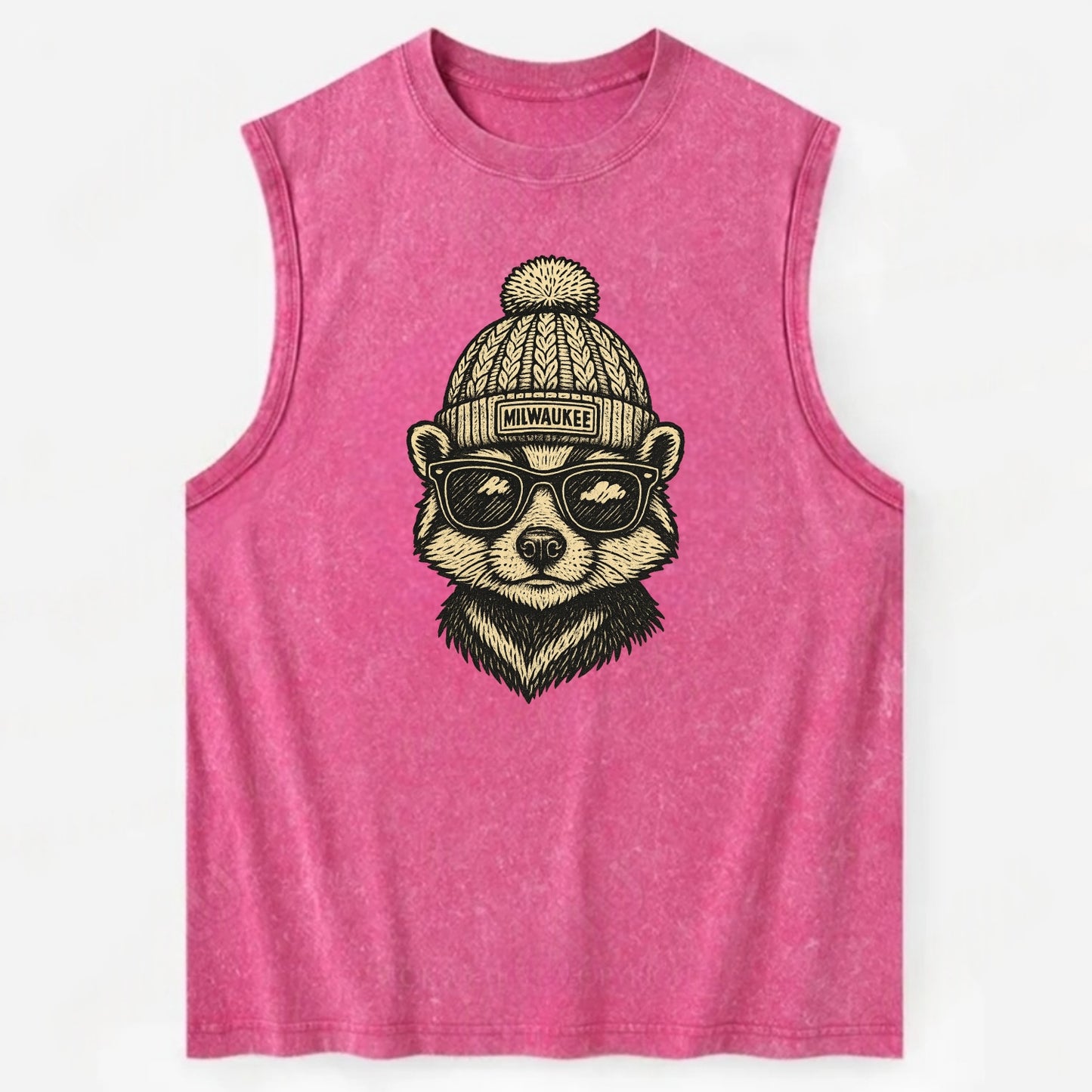 Wisconsin Badger wearing Milwaukee beanie with pom pom and wayfarer sunglasses - Vintage Washed Tank - Pink