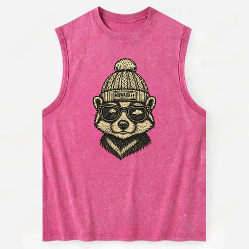 Wisconsin Badger wearing Milwaukee beanie with pom pom and wayfarer sunglasses - Vintage Washed Tank