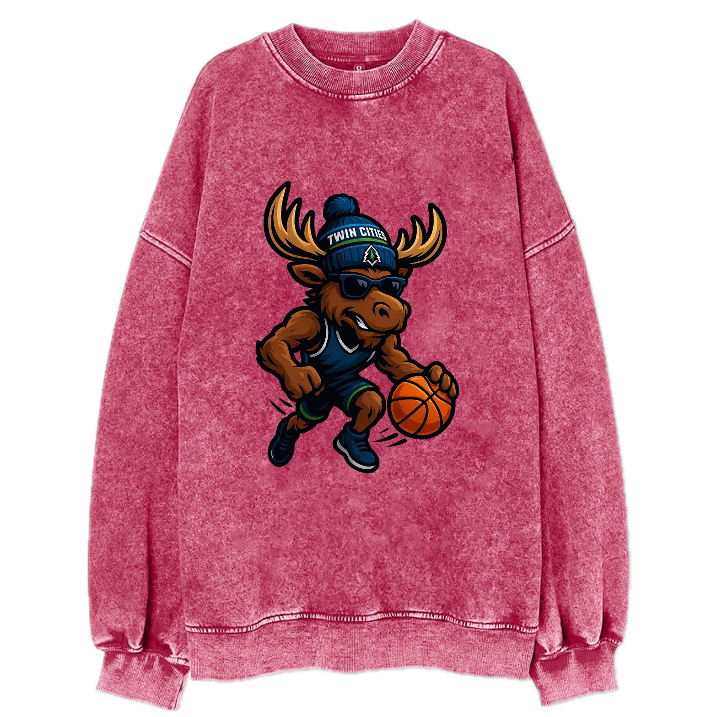 Twin Cities Moose wearing Timberwolves beanie with pine tree patch and - Vintage Sweatshirt - Pink