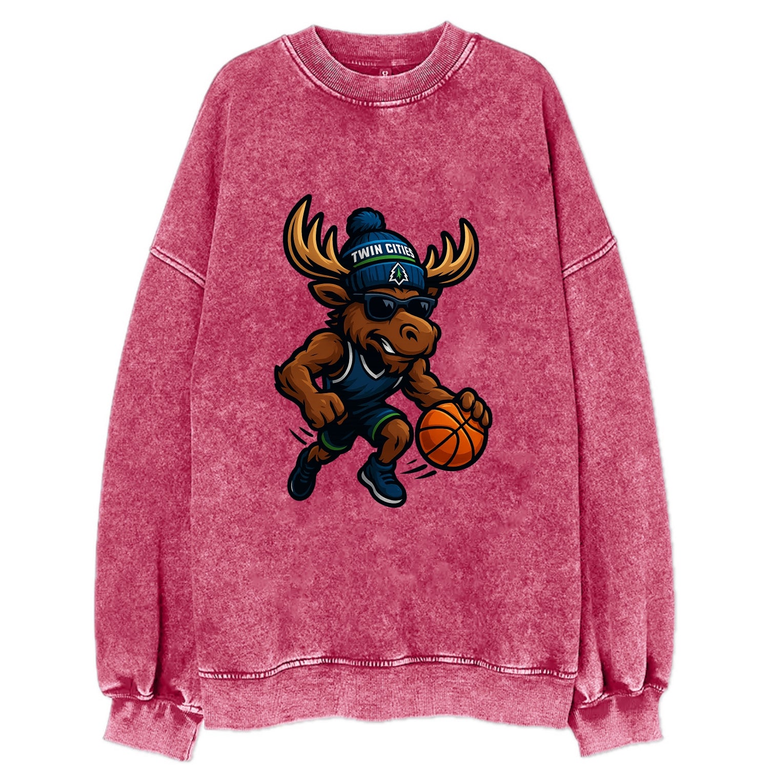 Twin Cities Moose wearing Timberwolves beanie with pine tree patch and - Vintage Sweatshirt - Pink