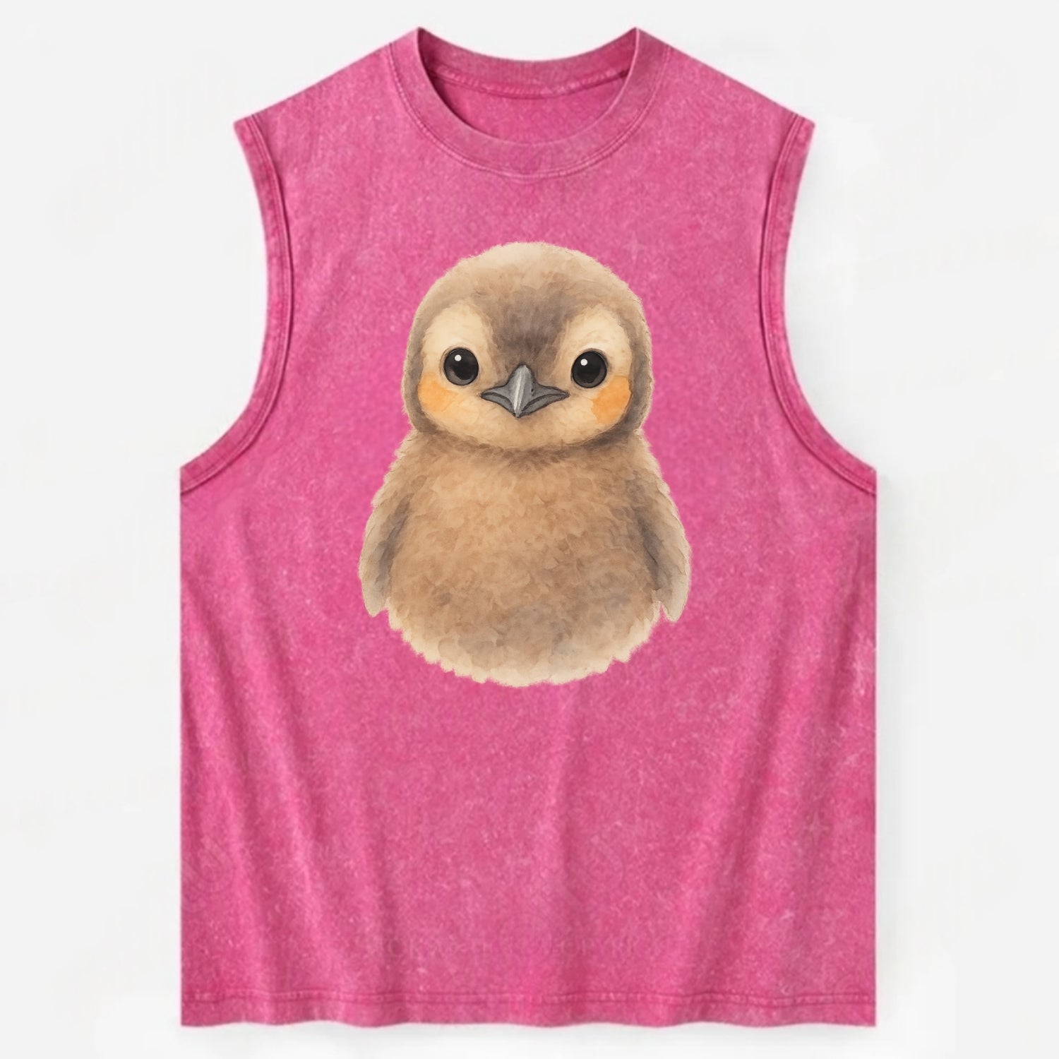 Baby King Penguin - orange cheek patches, fluffy brown, large eyes, - Vintage Washed Tank - Pink
